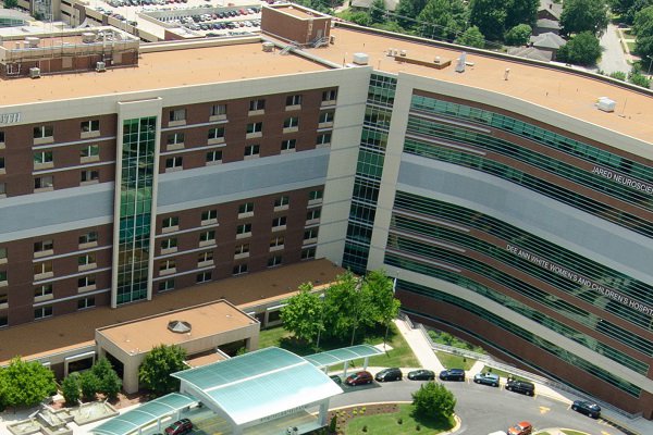 Cox South Medical Center from a distance, showing the Jared Neuroscience Center side of the building.