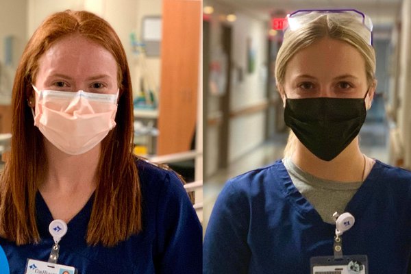 Two students serving as nurses at CoxHealth in different departments