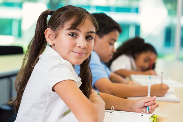 Children study at desks in school.