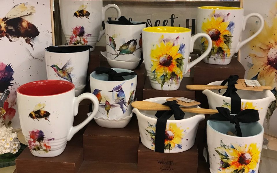 Mugs on display at the gift shop
