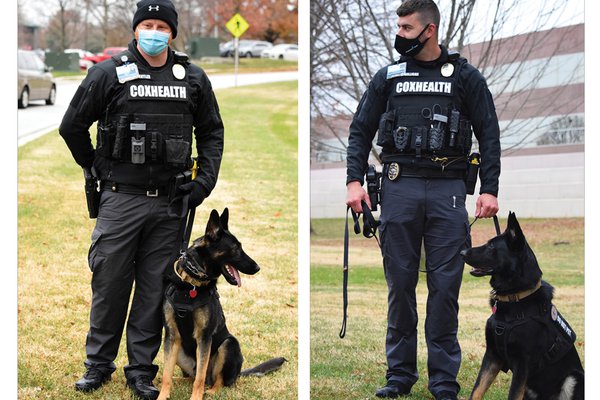 An image shows both of CoxHealth's new K9 officers and their handlers.