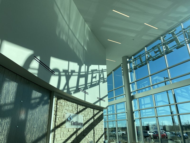 The CoxHealth logo is featured prominently in Cox Monett&#x27;s lobby.