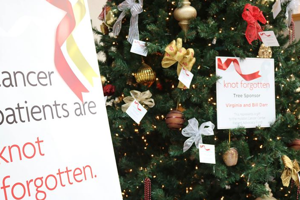 Bows or "knots" decorate Christmas trees in honor and memory of cancer patients.