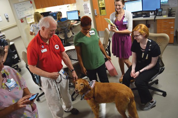 Dr. Norm Knowlton visits staff with his pet therapy dog, Lucy.