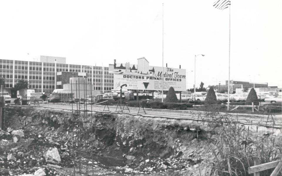 A historic photo showing the CoxHealth medical tower's construction