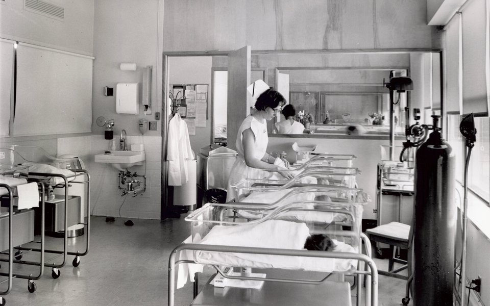 A historic photo of an infant nursery at CoxHealth