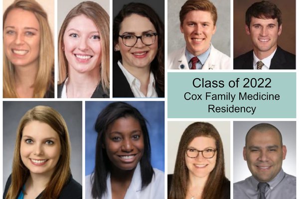 A collage shows the doctors who are in Cox Family Medicine Residency's class of 2022.