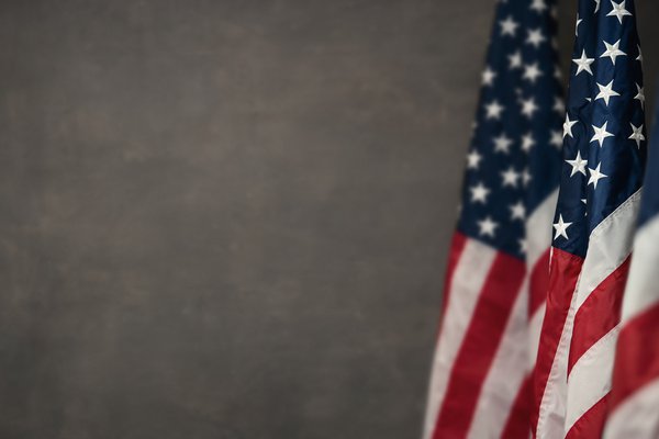 A photo shows a line of U.S. flags.