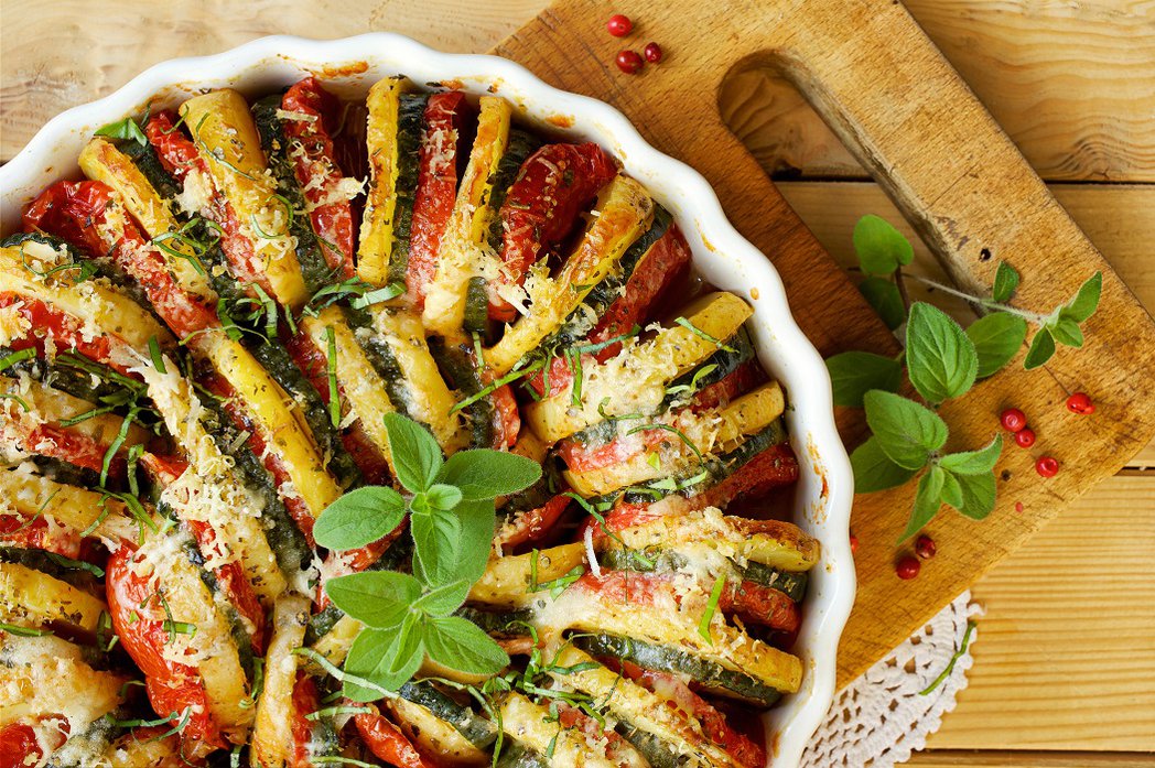 Zucchini Bake dish sitting on countertop